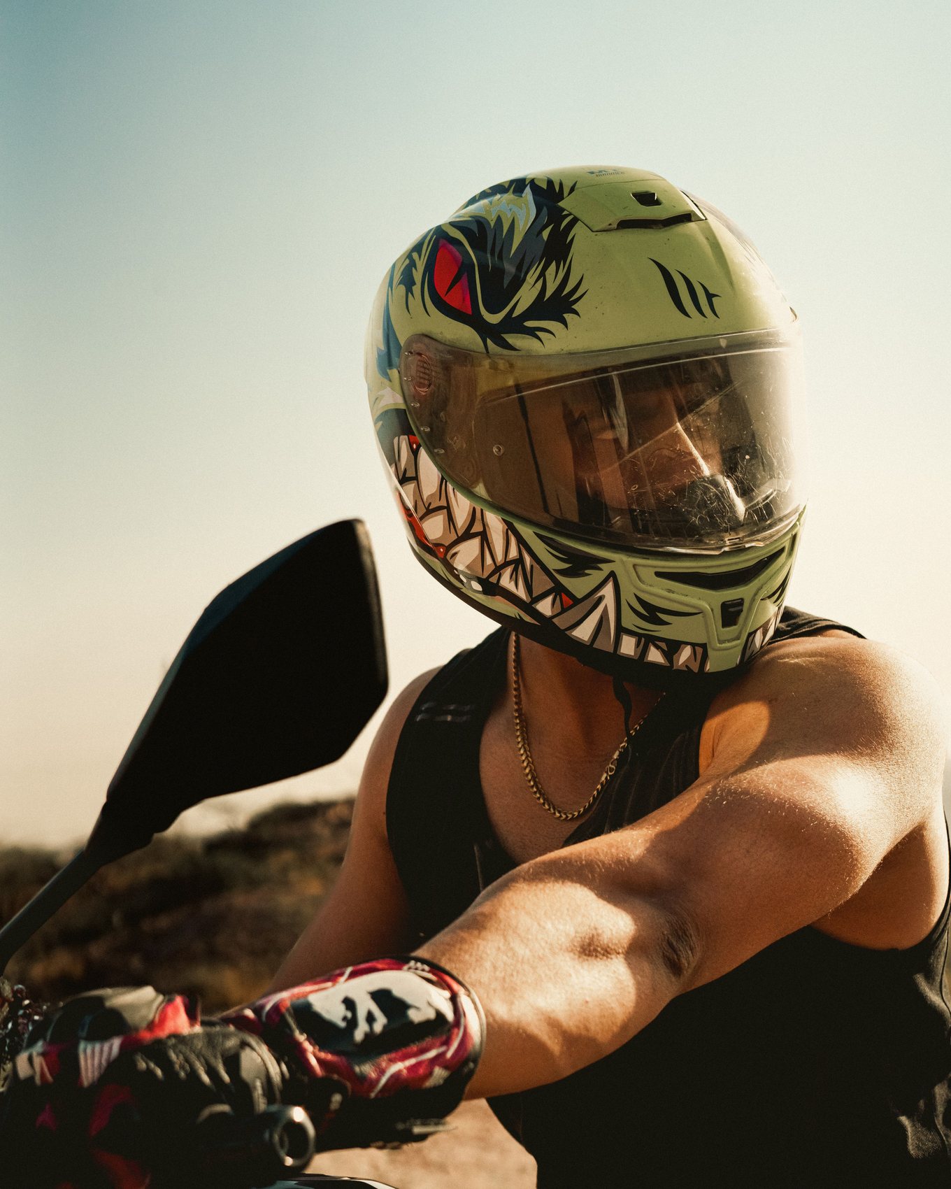 Rider in a shark-graphic full-face helmet on a motorbike at golden hour